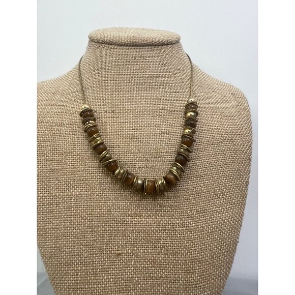 Tiger Eye Brown & Silver Beaded Necklace With Adjustable Chain - Picture 1 of 5